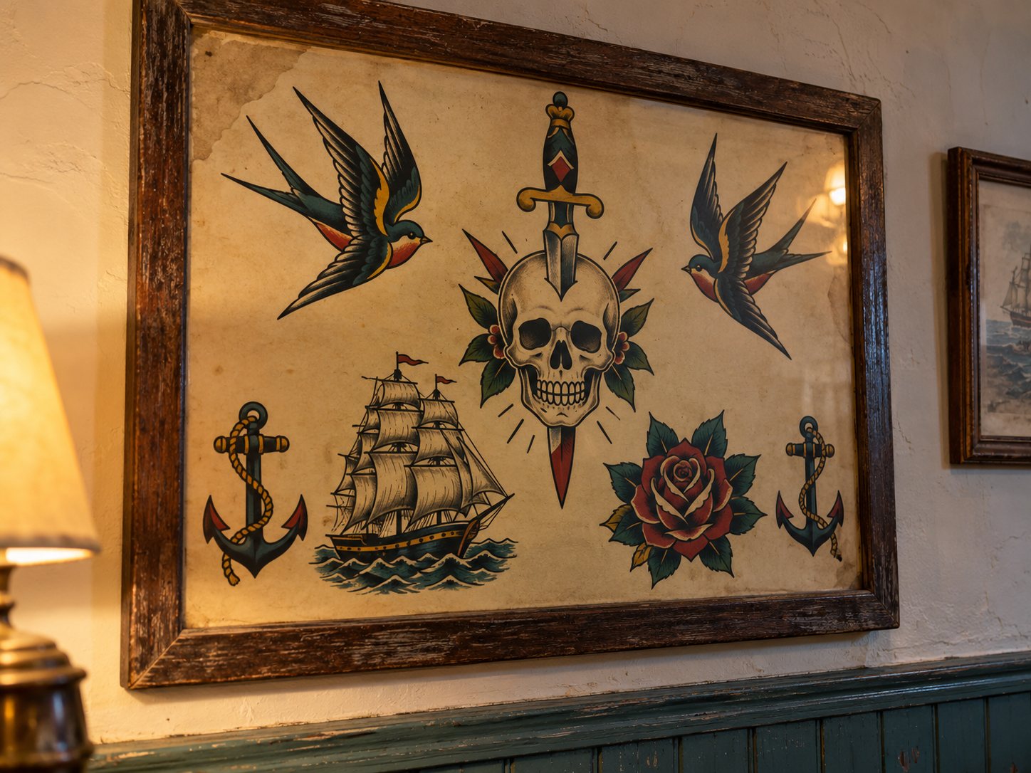 Illustration: Framed vintage sailor-style flash board on a parlor wall with simple black-line designs of anchors, swallows, a sailing ship, a rose and a skull with a dagger