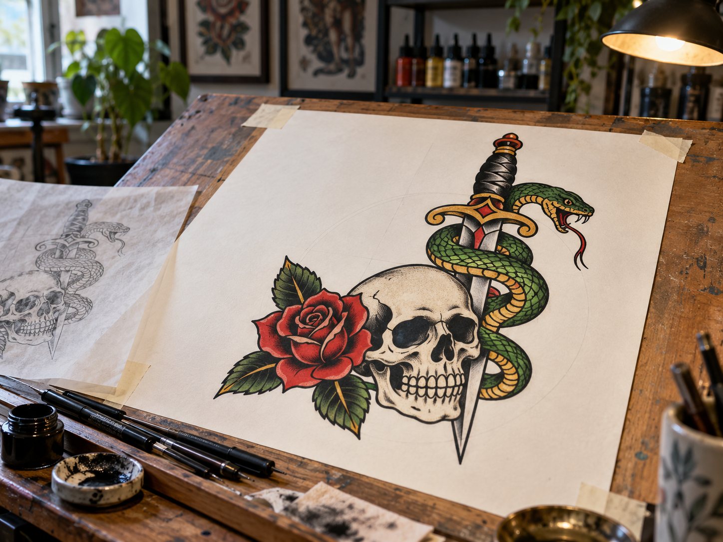 Illustration: Ink drawing on a drafting table of a skull with a dagger behind it, a snake coiled around the blade and a red rose beside the skull, with fine pens and a tracing sheet