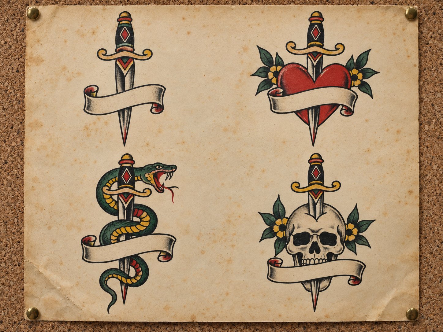 Illustration: Vintage style sheet of tattoo flash on a corkboard with a dagger alone, a dagger through a heart, a dagger with a coiled snake and a dagger through a skull, each with an empty banner