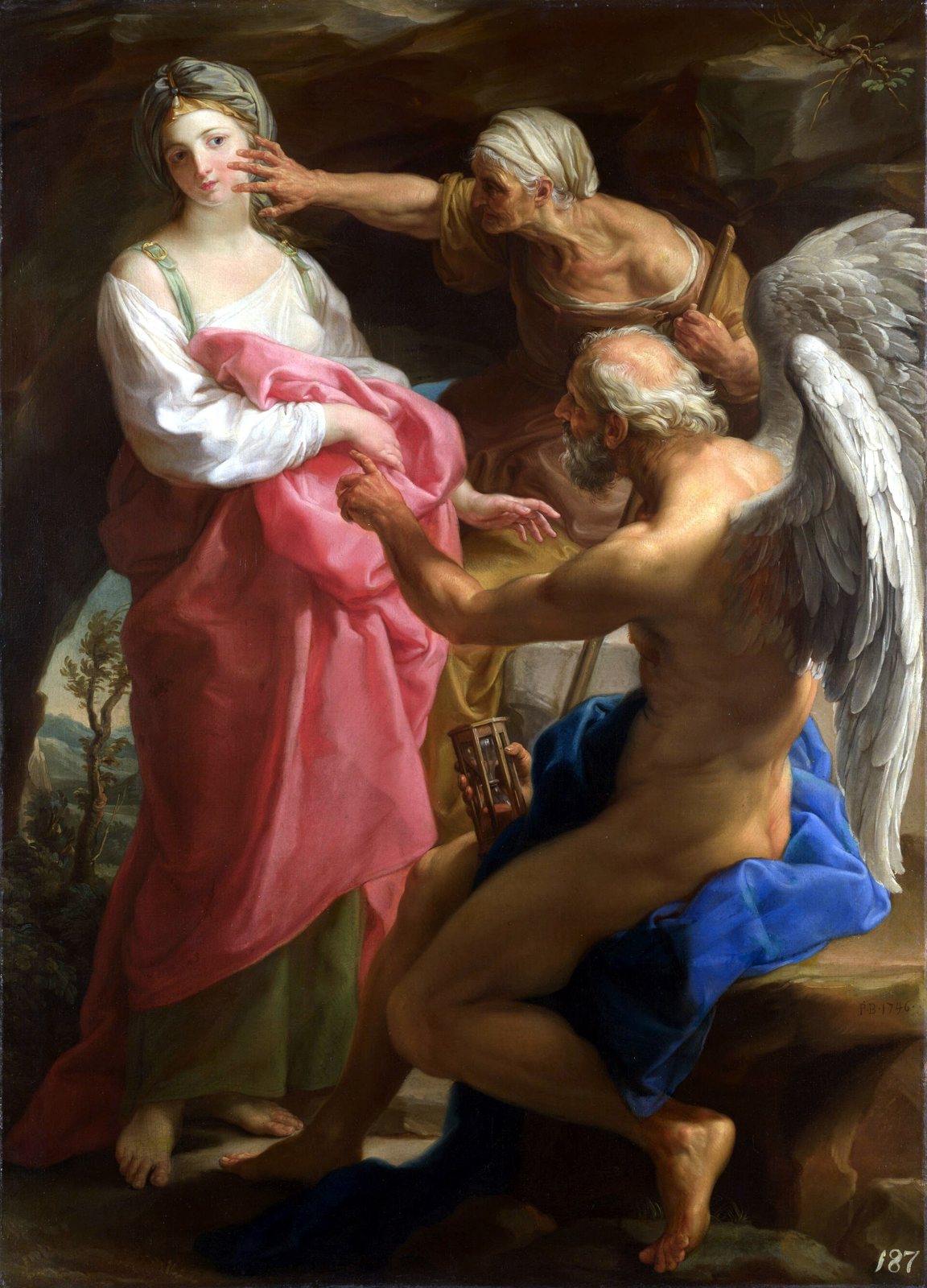 Pompeo Batoni's painting of winged Time, a bearded old man holding an hourglass, beside an old woman who reaches toward the face of a young woman in pink drapery