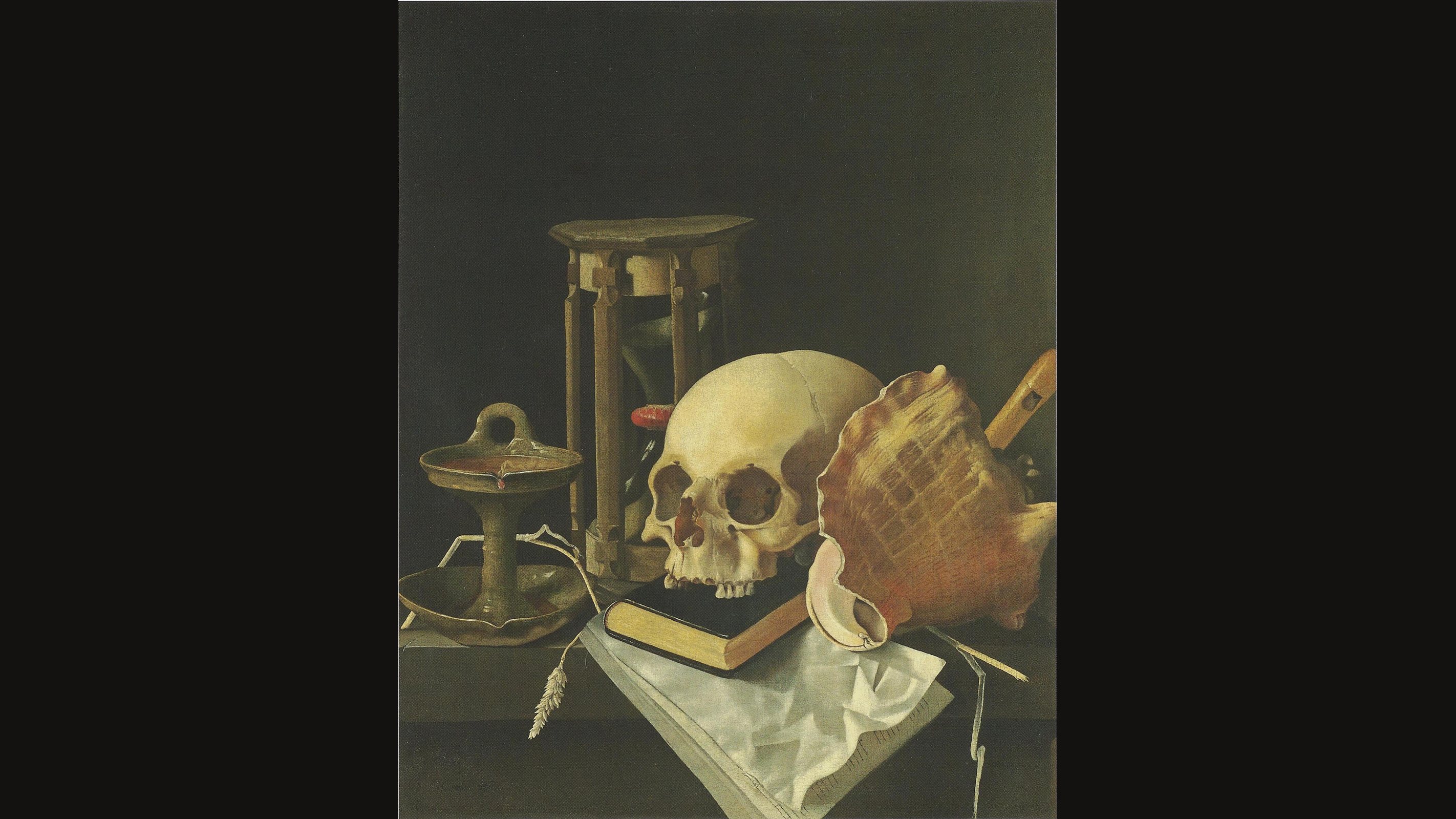 Adriaen Coorte's vanitas still life: a tall hourglass beside a skull, a conch shell, a closed book, an oil lamp and a white cloth on a dark ledge
