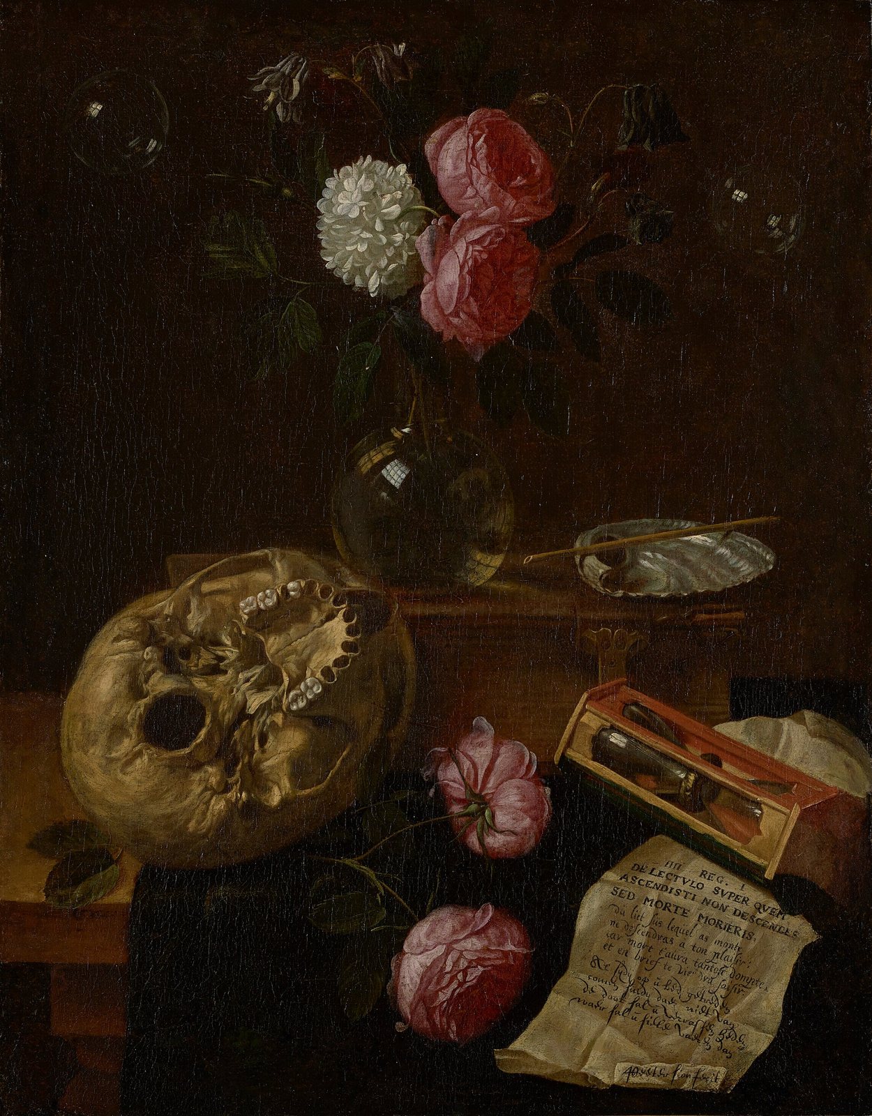 Peeter Sion's vanitas: a skull on a dark table beside a small hourglass in a case, a printed sheet, a vase of roses and a shell dish, with soap bubbles drifting above