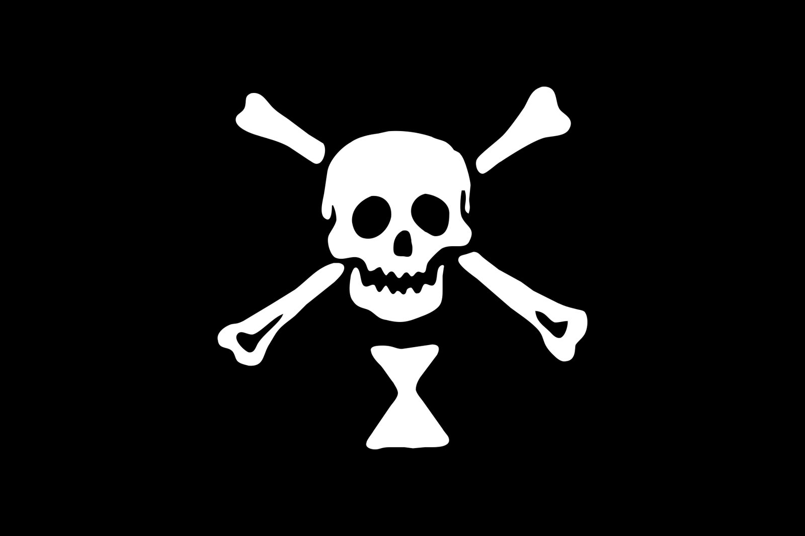 A black flag with a white skull above two crossed bones and a white hourglass beneath them