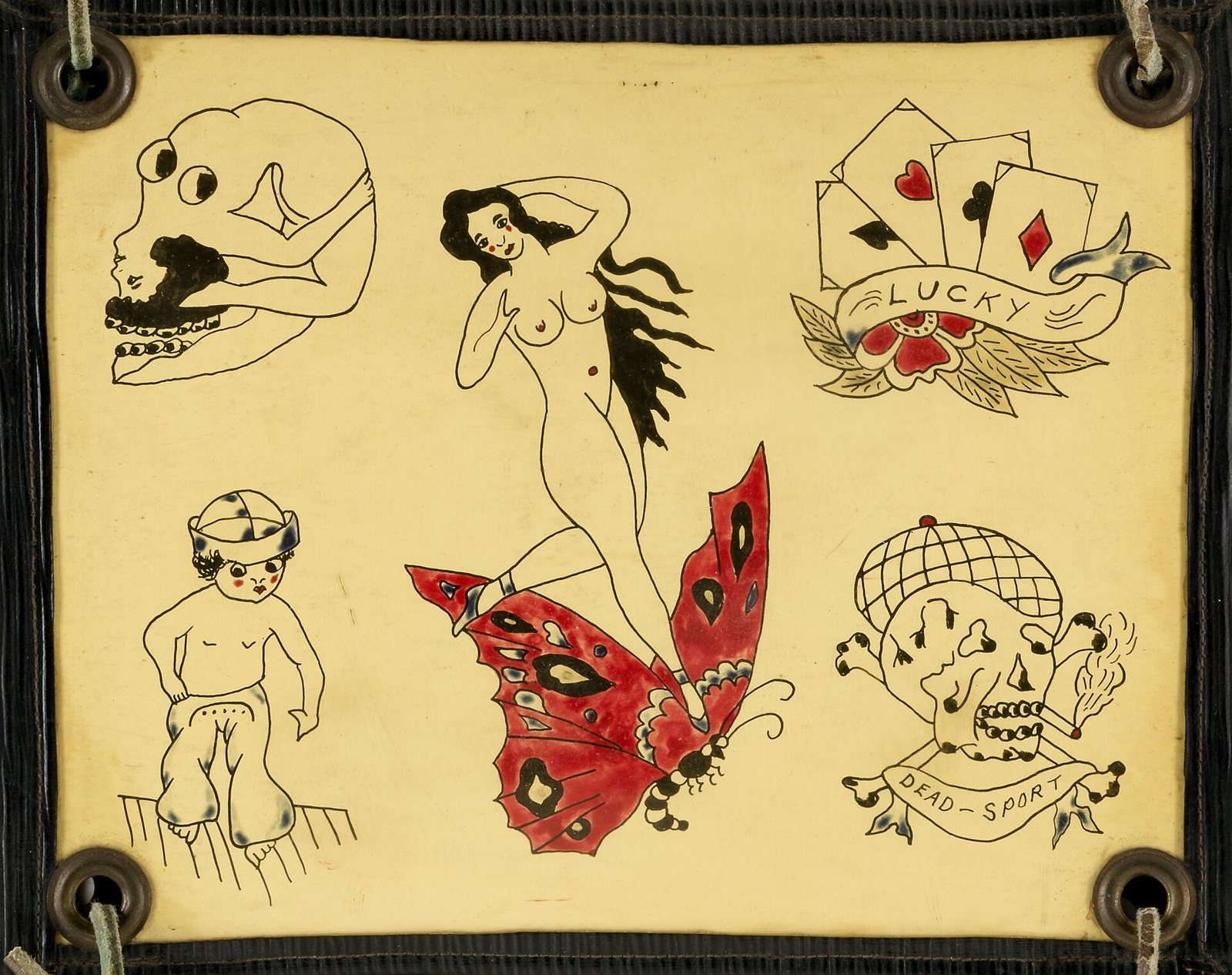 A hand-painted tattoo flash sheet with a skull, a pin-up on a red butterfly, playing cards, a boy and a second skull, on yellowed paper