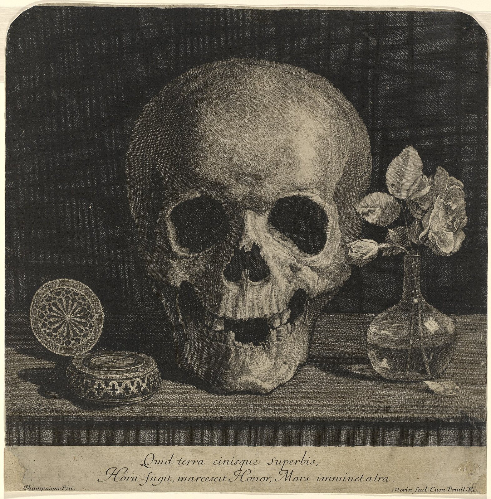 Black and white print of a large skull on a ledge beside a glass vase holding a rose and a pocket watch, with a line of Latin verse beneath