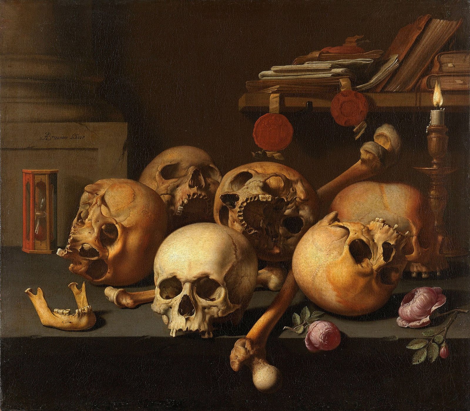 A heap of skulls and bones on a stone ledge with an hourglass, a lit candle, sealed papers and small pink roses