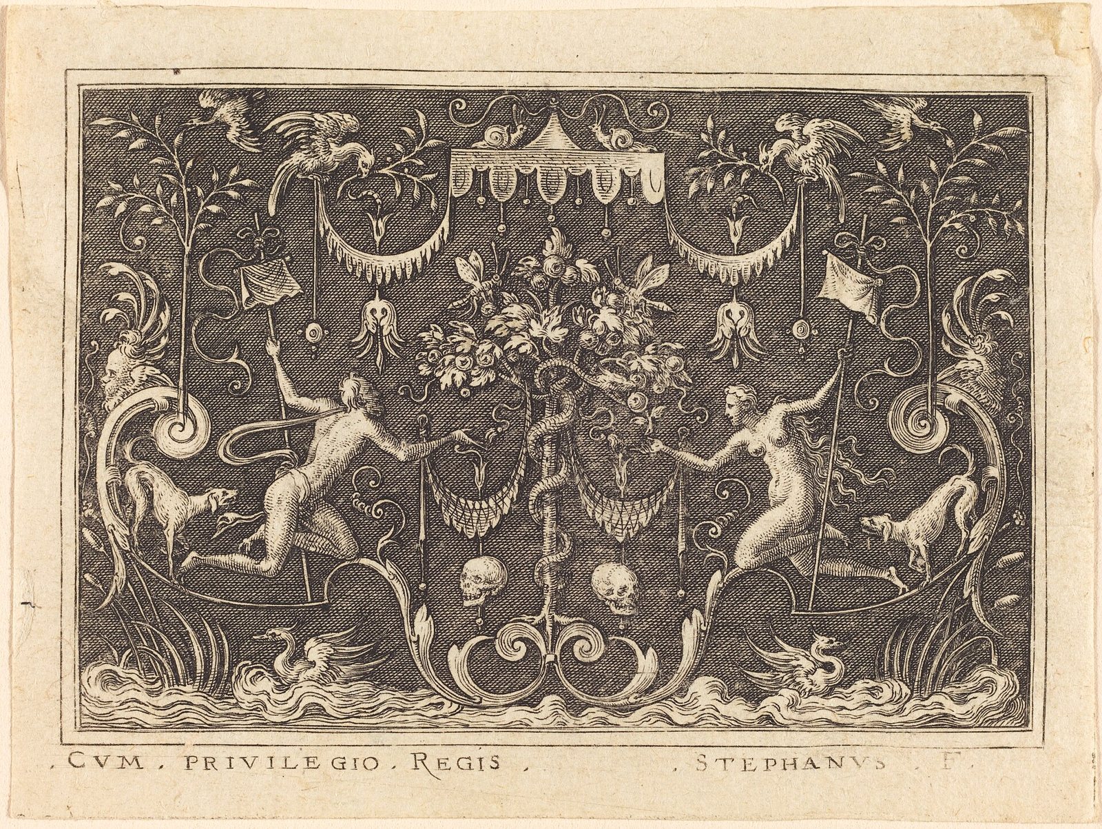 Ornamental engraving with a serpent coiled around a fruit tree at the centre, Adam and Eve reaching toward it from either side and two skulls hanging below