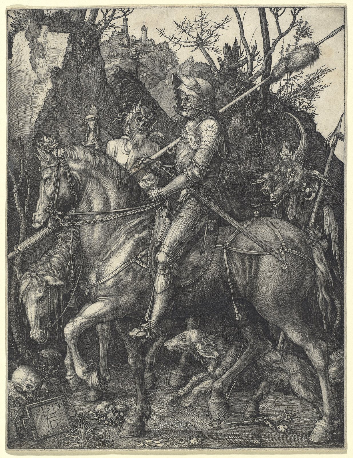 Engraving of an armoured knight on horseback with a dog, followed by a horned devil and by Death holding an hourglass, with a skull on the ground at lower left