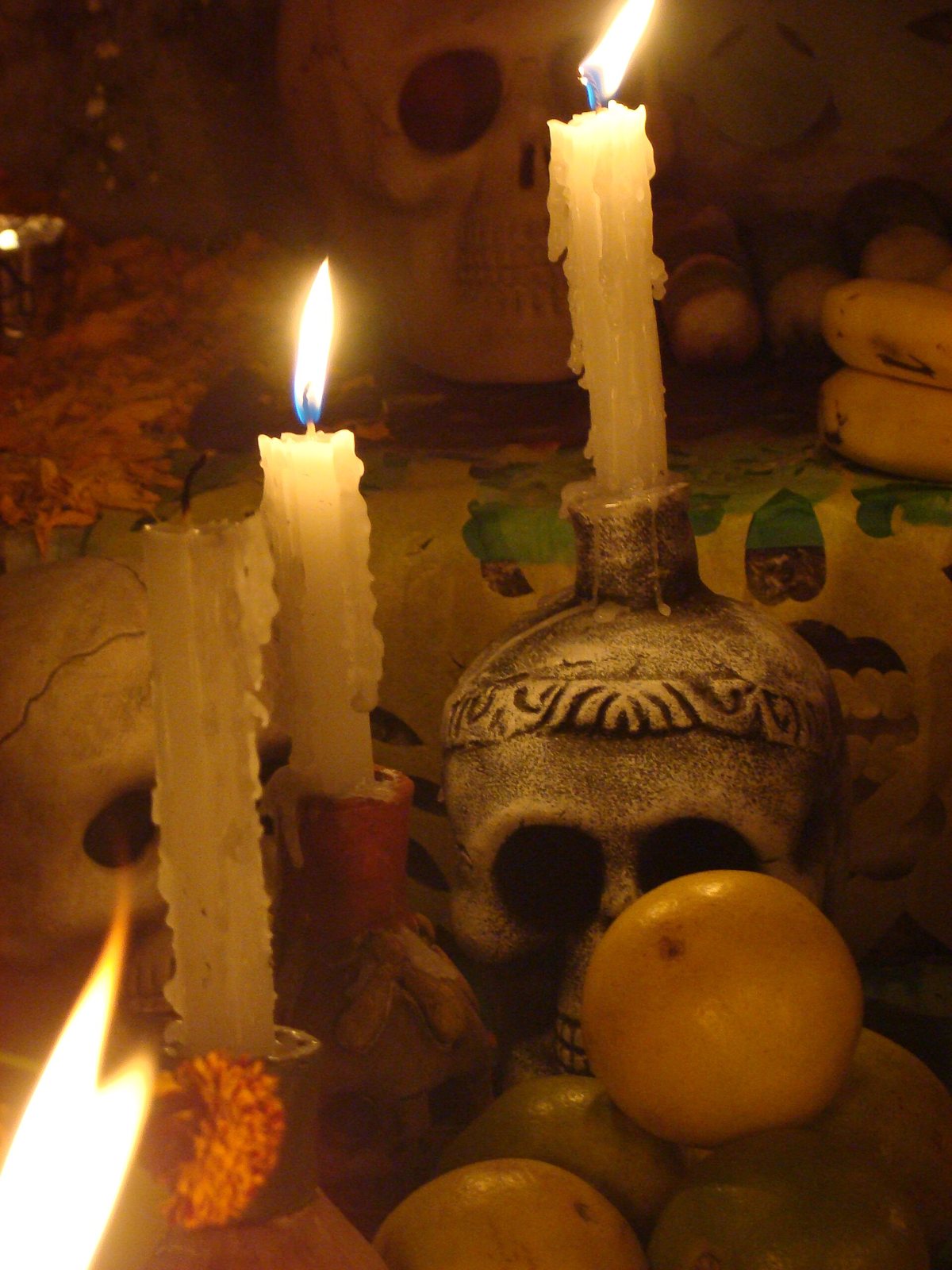 Two lit candles with dripping wax stand on an ofrenda in front of a silver-gray skull and a pile of oranges, with more skulls dim in the background