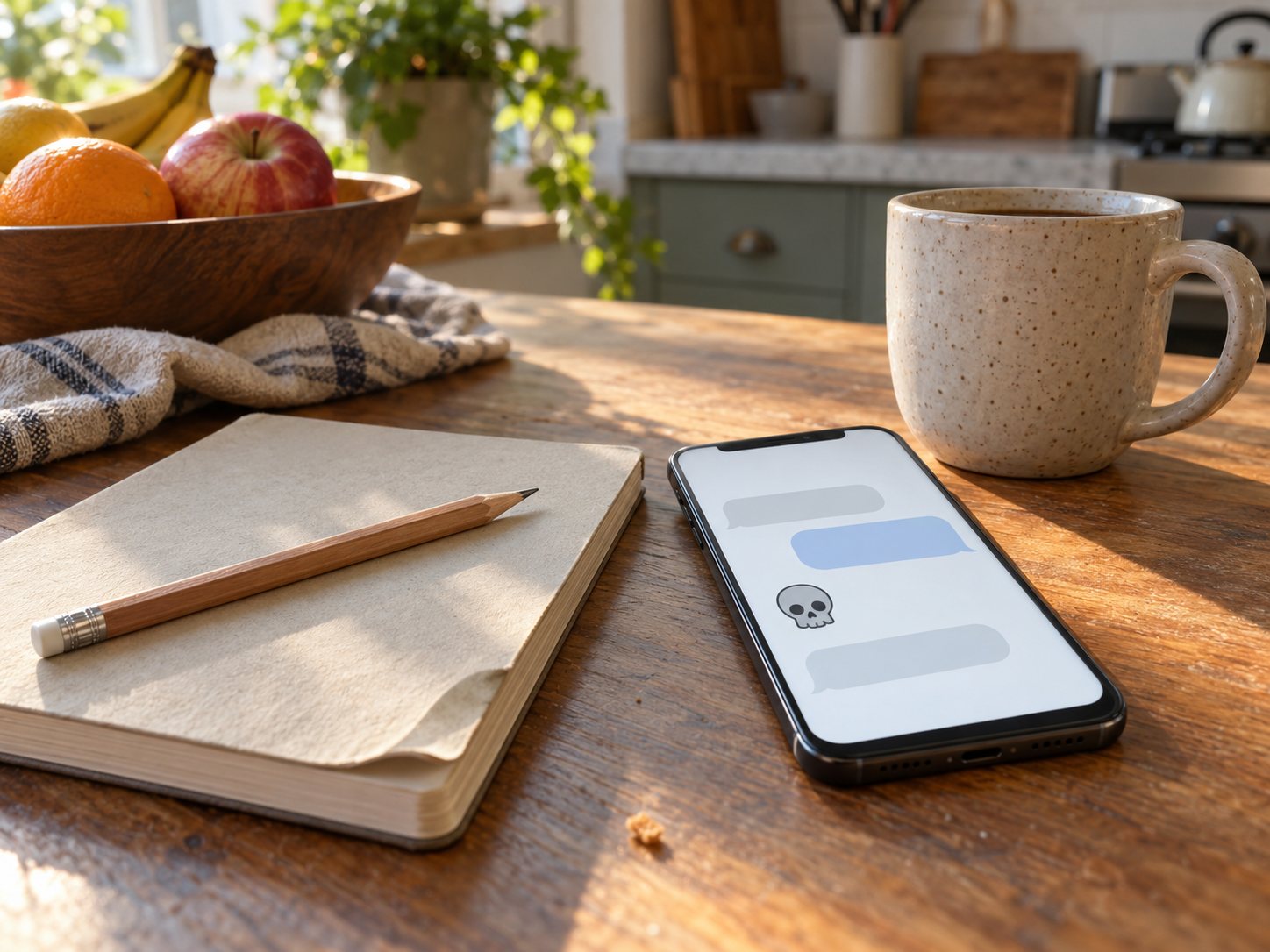 Illustration: Smartphone on a kitchen table beside a mug and a closed notebook, its screen showing blank chat bubbles and one small cartoon skull icon in warm afternoon light