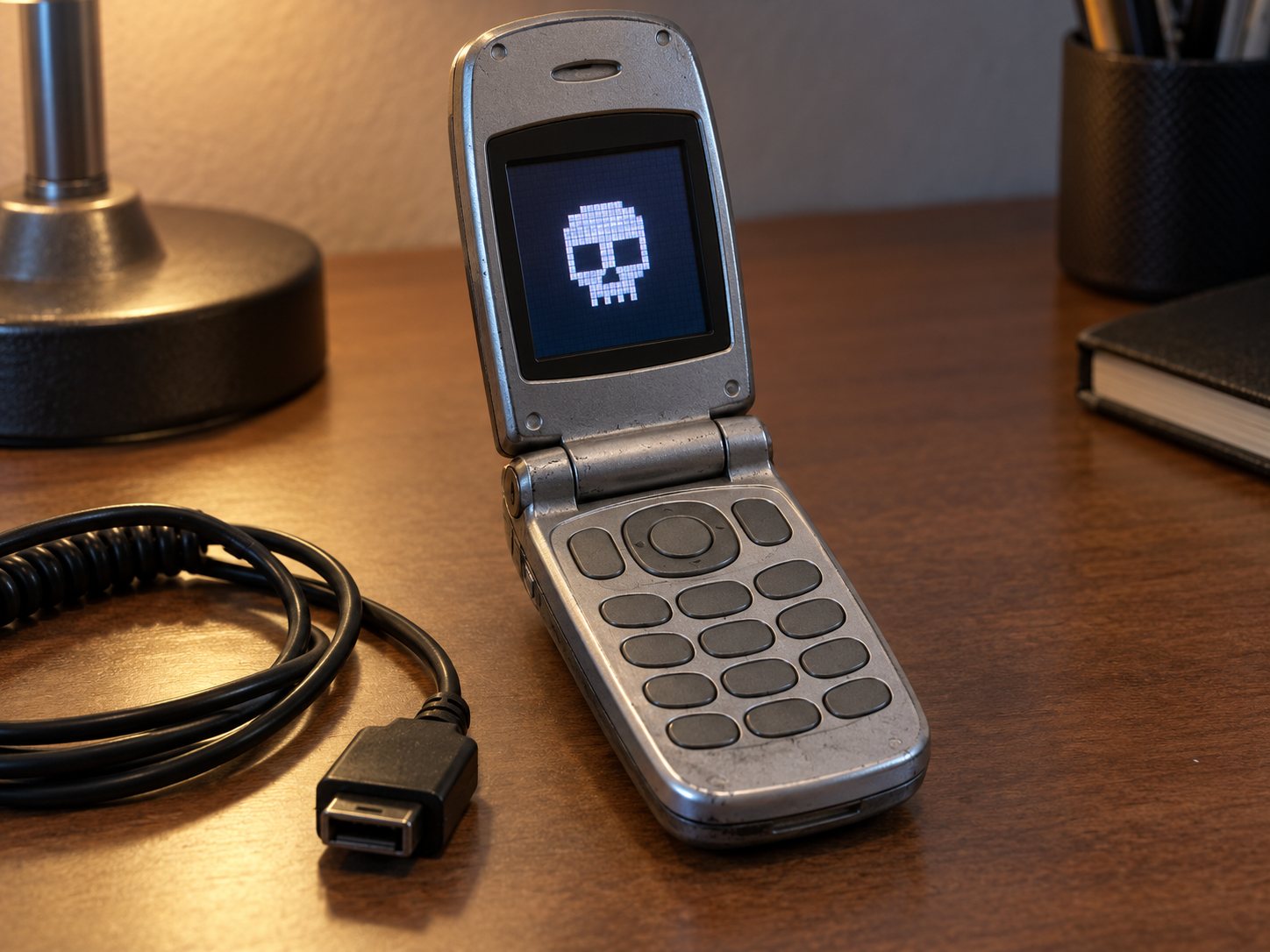 Illustration: Late 1990s style flip phone open on a desk with a tiny blocky pixel skull icon on its small color screen and a coiled charging cable beside it