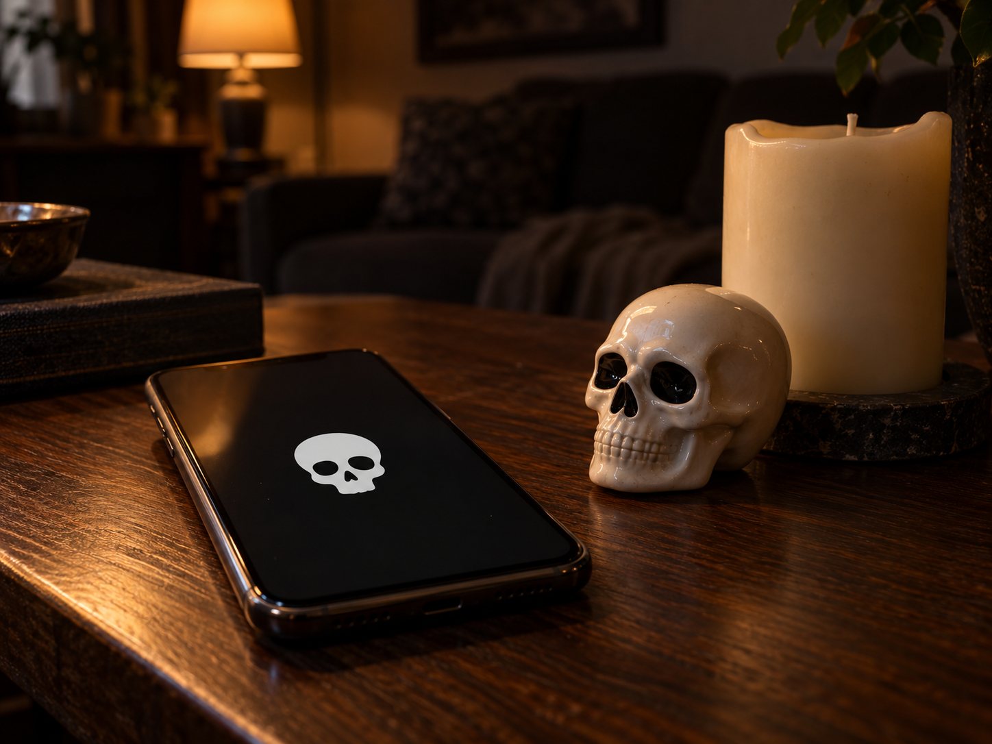 Illustration: Smartphone showing a cartoon skull icon on a dark wooden side table in the evening beside a small white ceramic skull ornament and an unlit candle