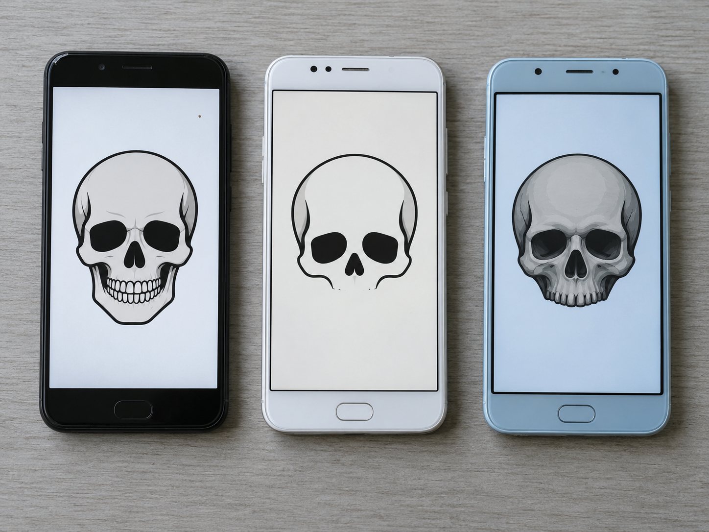 Illustration: Three different smartphones side by side on a table, each screen showing a slightly different cartoon skull icon, one with a jaw, one without and one more shaded