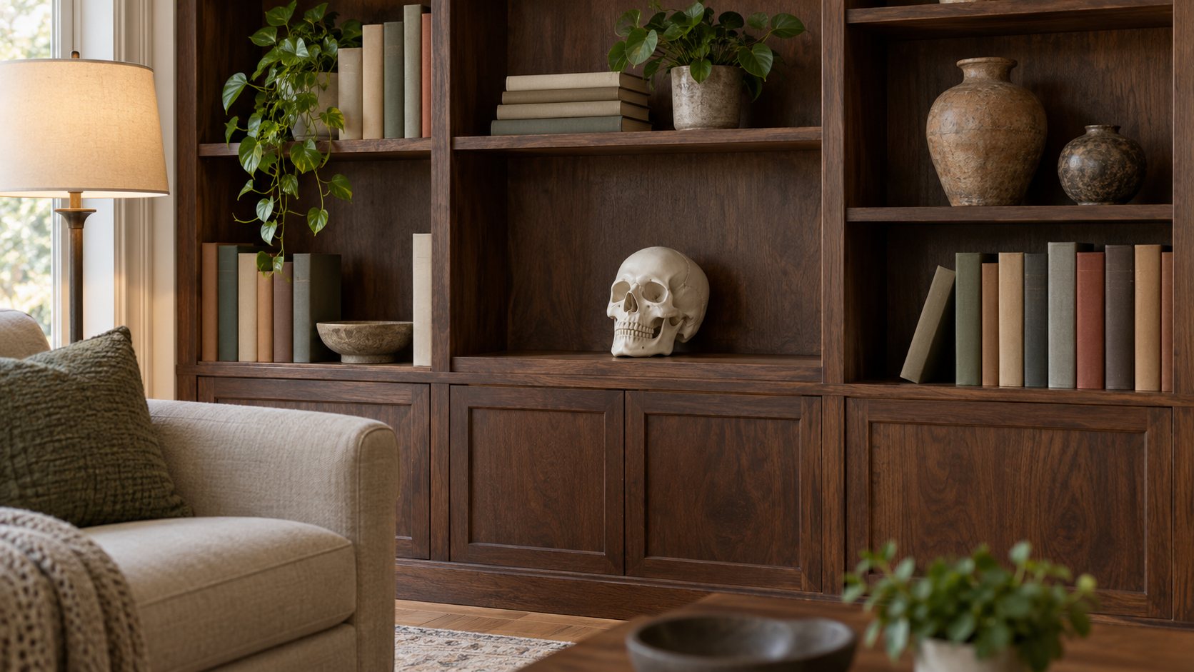 Illustration: Living room bookshelf styled with a matte bone white ceramic skull in its own section, rows of books, a horizontal book stack, a small plant and two ceramic vessels