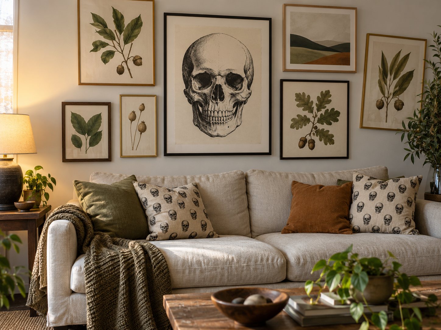 Illustration: Gallery wall above a sofa with framed botanical prints, an abstract landscape print and a framed graphic skull print in the center, with skull patterned pillows on the sofa
