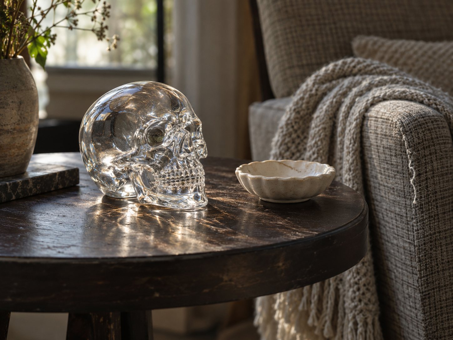 Illustration: Clear glass skull sculpture on a sturdy round side table beside a reading chair, catching window light, with a small ceramic dish and a folded throw nearby