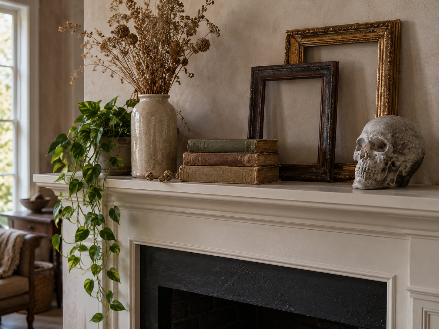 Illustration: Fireplace mantel styled with a carved stone skull off to one side, empty vintage frames leaning on the wall, a stack of old books and a ceramic vessel with dried botanicals and greenery