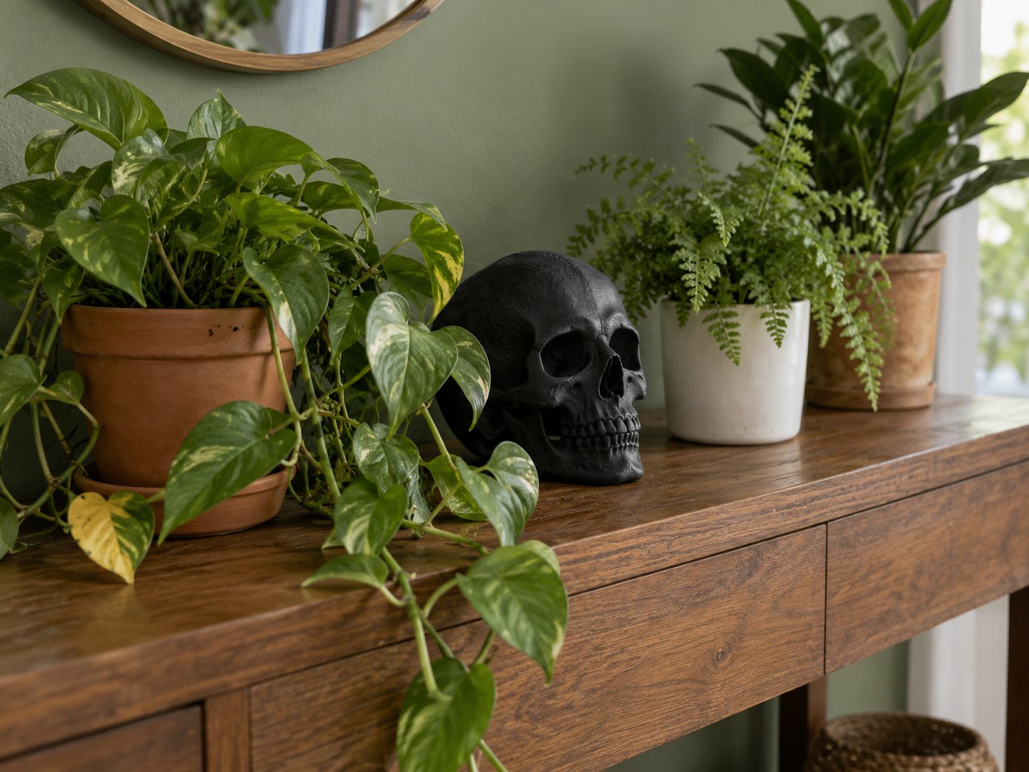 Illustration: Matte black resin skull on a wooden console among potted plants in terracotta and white pots, with trailing pothos and a small fern against a muted green wall