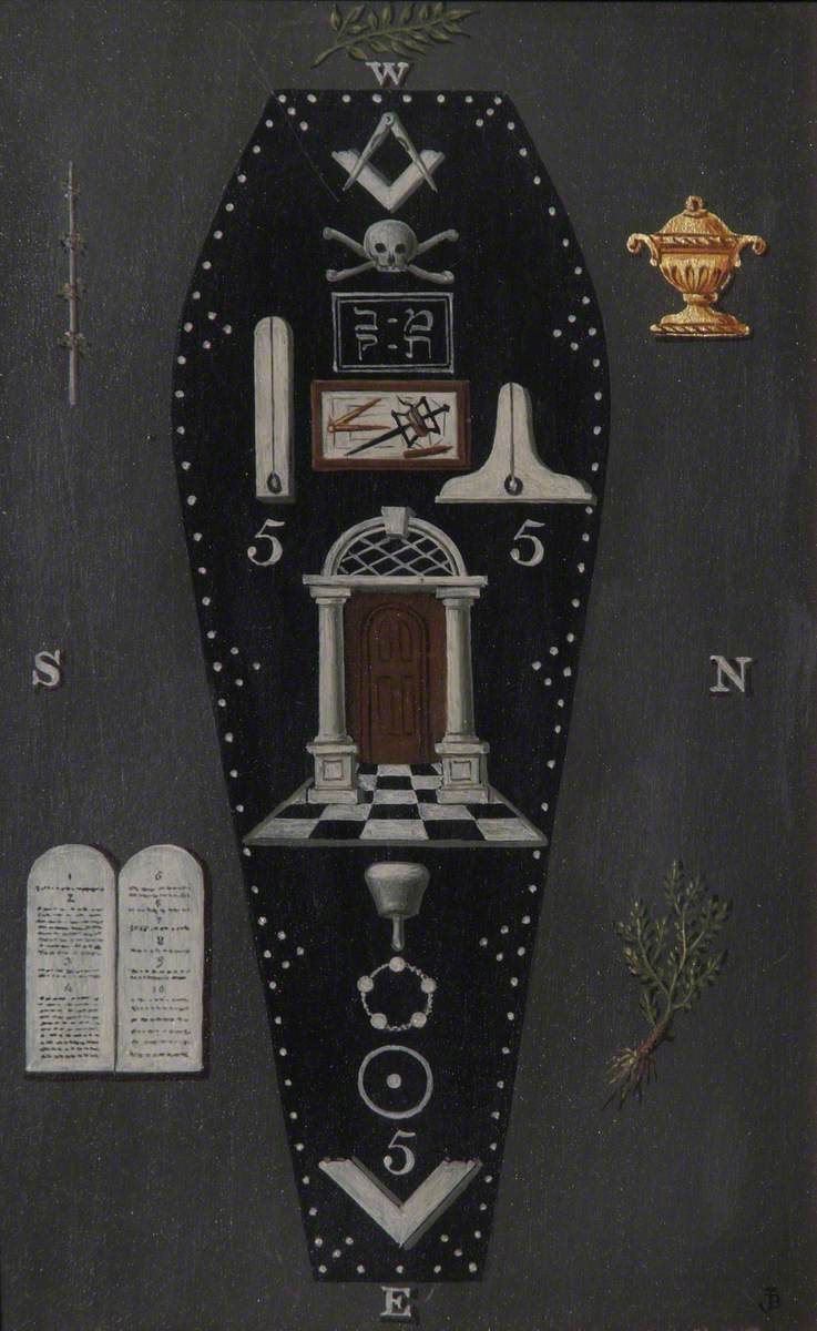 Painted tracing board of a black coffin shape filled with Masonic emblems: square and compasses, a skull and crossbones, a doorway on a checkered floor and tools, with sprigs of acacia, an urn and stone tablets outside it