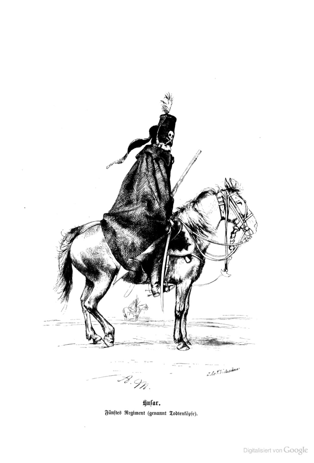 Black-and-white print of a hussar on horseback in a long black cloak and a tall plumed shako with a skull badge, captioned Husar, Fünftes Regiment, genannt Todtenköpfe