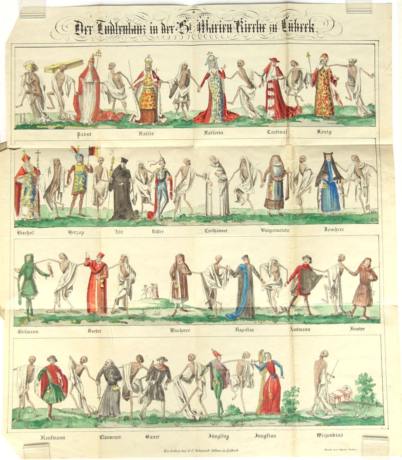 A hand-colored sheet showing four rows of skeletons leading figures of every rank, from pope and emperor to peasant and child, each pair labeled beneath, under the title Der Todtentanz in der St. Marien Kirche zu Lübeck