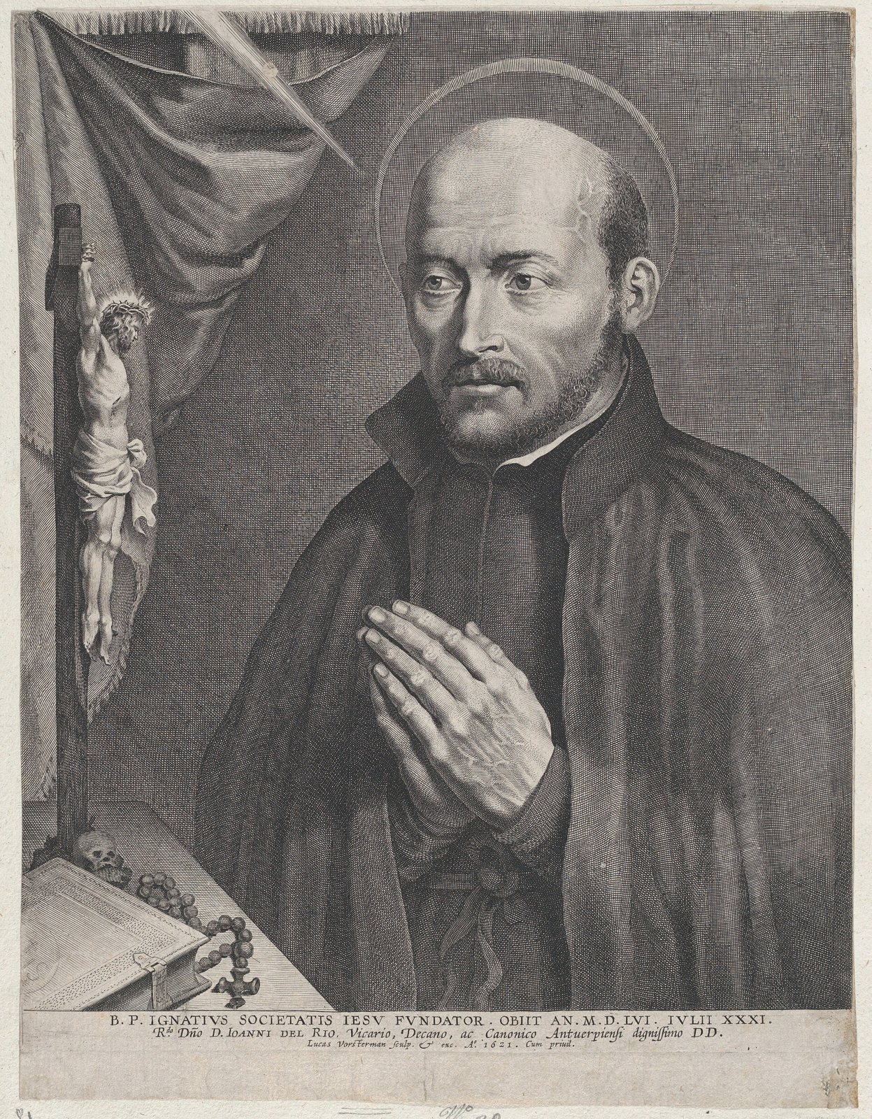 Engraved portrait of Saint Ignatius of Loyola with his hands pressed together in prayer, a crucifix behind him and, on the table beside him, a closed book, a skull and a rosary with a cross