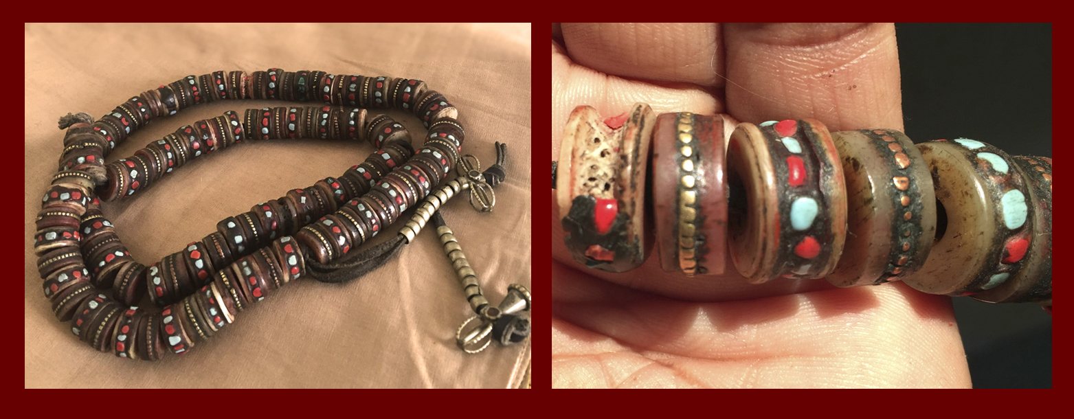 Two photographs of a Tibetan mala: on the left a long string of dark disc-shaped beads set with red and turquoise stones, on the right a close-up of the beads held in a hand