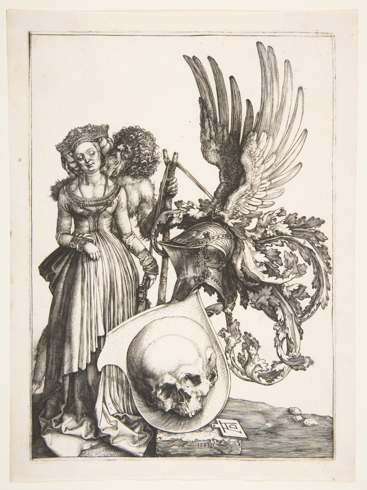 An engraving of a crowned woman and a curly-haired man in furs flanking a shield with a large skull on it, under a helmet and spread wings