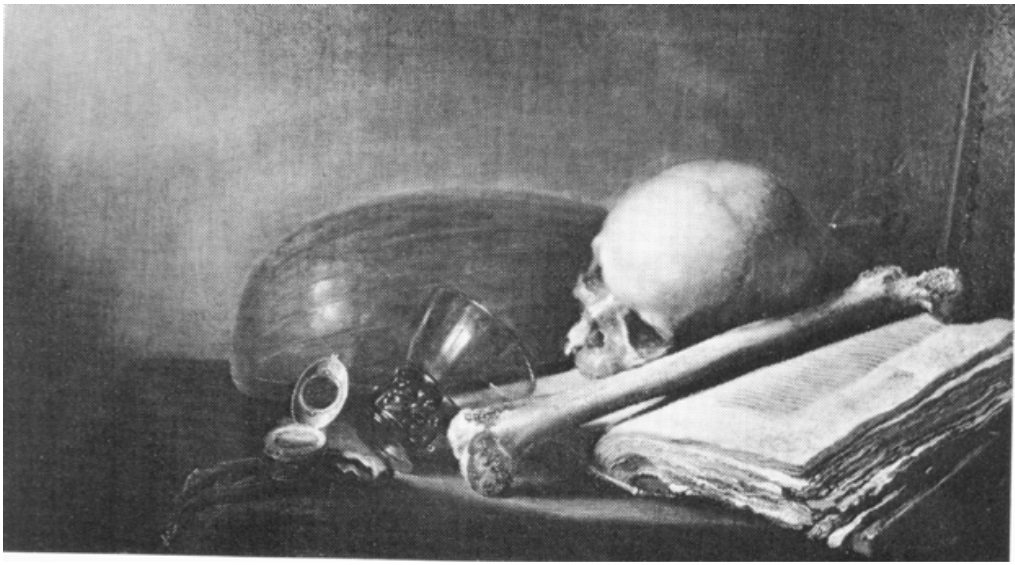 A black-and-white reproduction of a still life: a skull resting on a long bone across an open book, beside a glass goblet, a pocket watch and the rounded back of a lute