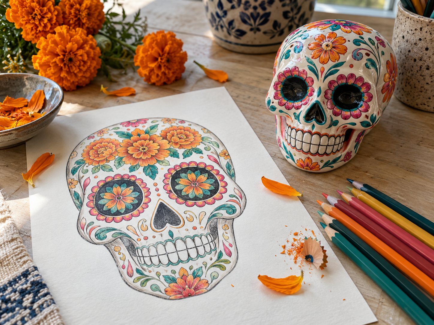Illustration: Colored pencil tattoo design of a decorated calavera with flower patterns and marigold motifs on a drawing table beside a painted ceramic sugar skull, marigold petals and colored pencils