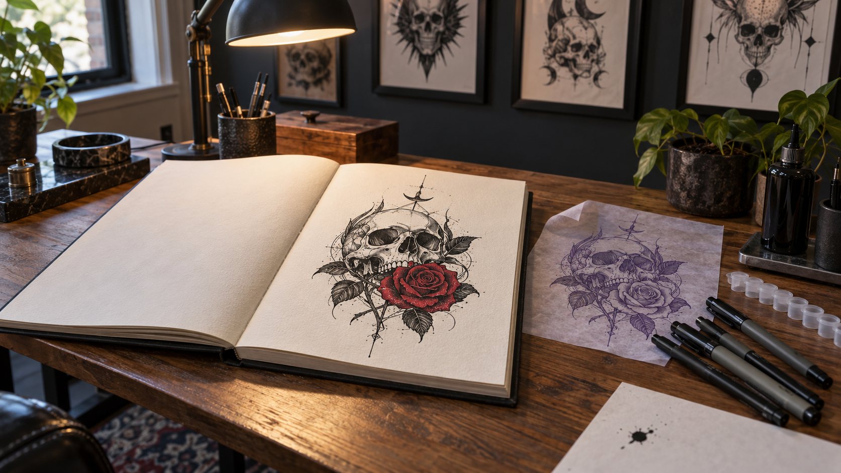 Illustration: Tattoo studio drawing desk with an open sketchbook showing an inked skull and rose design, a matching stencil, empty ink caps and fine pens, with framed skull flash on the wall behind