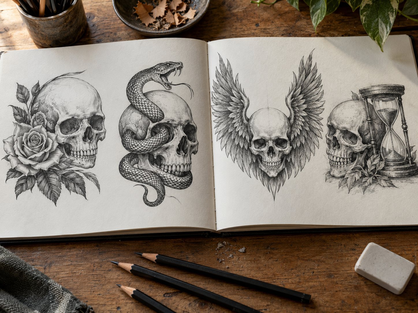 Illustration: Open sketchbook spread with four pencil and ink skull tattoo designs: a skull with a rose, a skull wrapped by a snake, a winged skull and a skull beside an hourglass