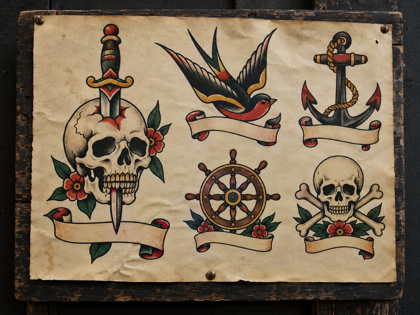 Illustration: Vintage style sheet of traditional tattoo flash with a skull and dagger, an anchor, a swallow, a ship wheel and a skull with crossed bones in bold black outlines and red, green and yellow watercolor