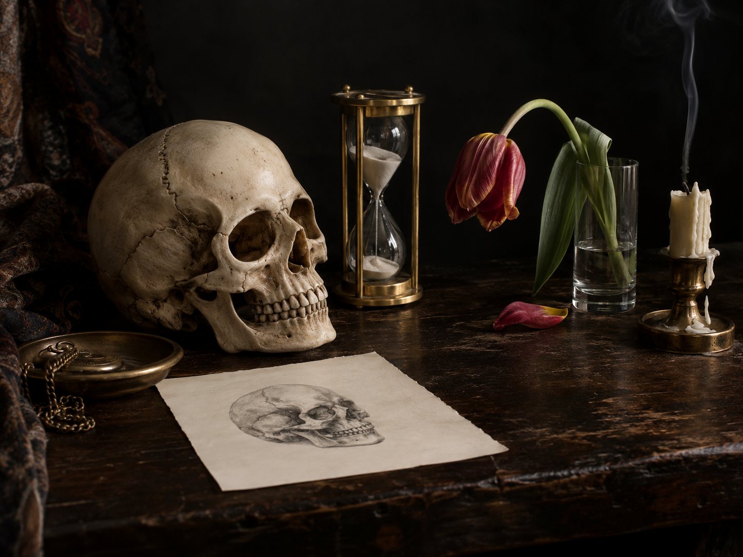 Illustration: Still life on a dark wooden table of a resin replica skull beside a small brass hourglass, a candle stub and a drooping tulip, with a tattoo sketch of the skull at the table edge