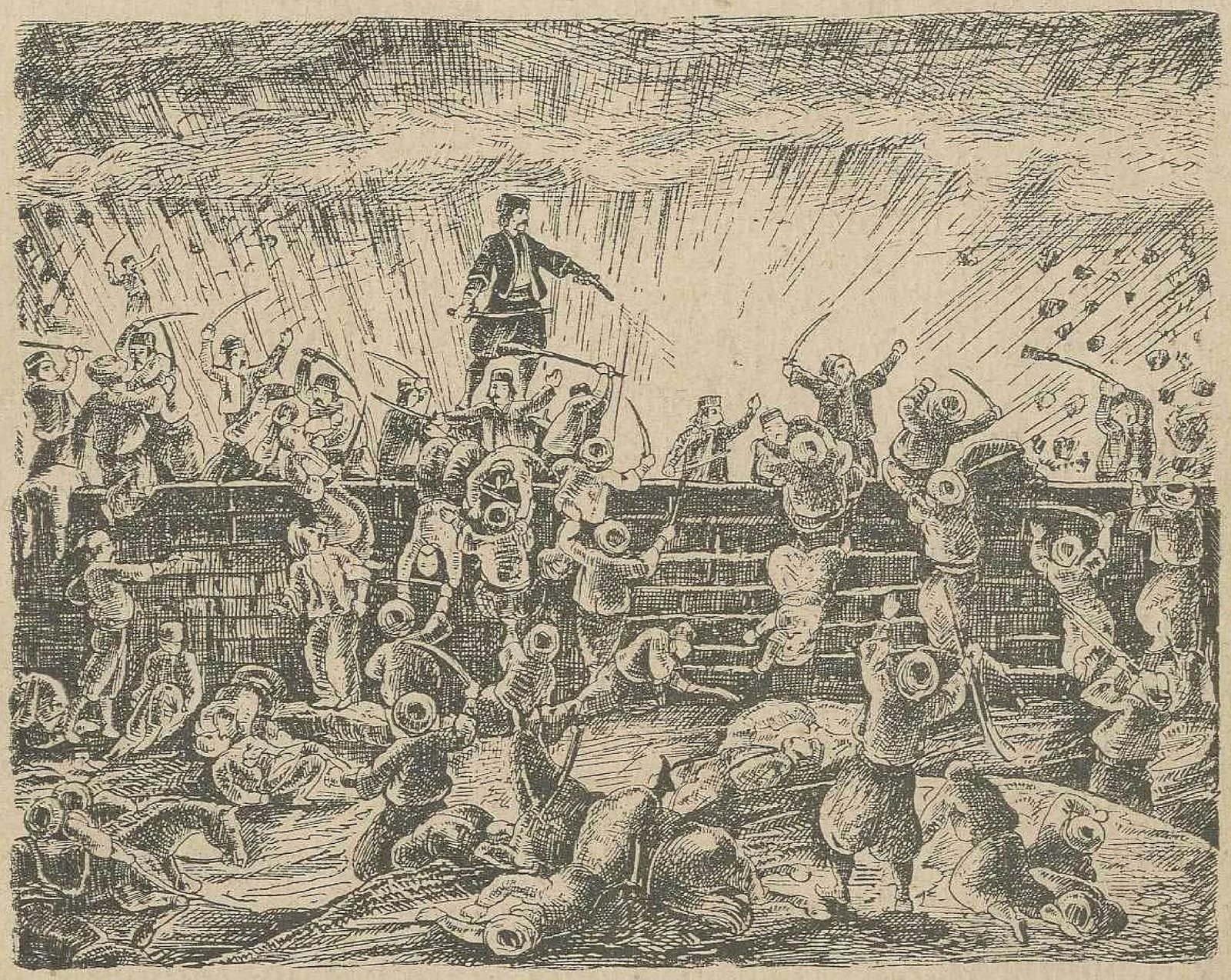 A black and white print of a crowded battle: a man stands raised at the centre with an arm lifted as fighters clash around a trench