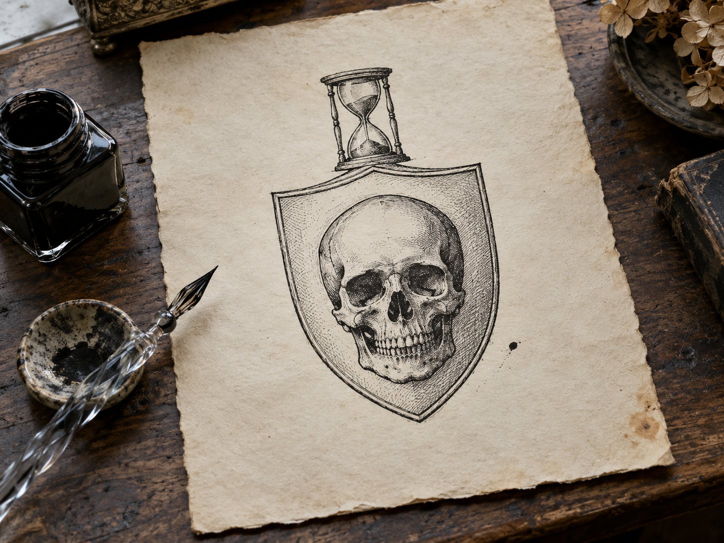 Illustration: Pen and ink drawing on aged cream paper of a plain heraldic shield bearing a skull, with a small hourglass above, beside a dip pen and a pot of black ink