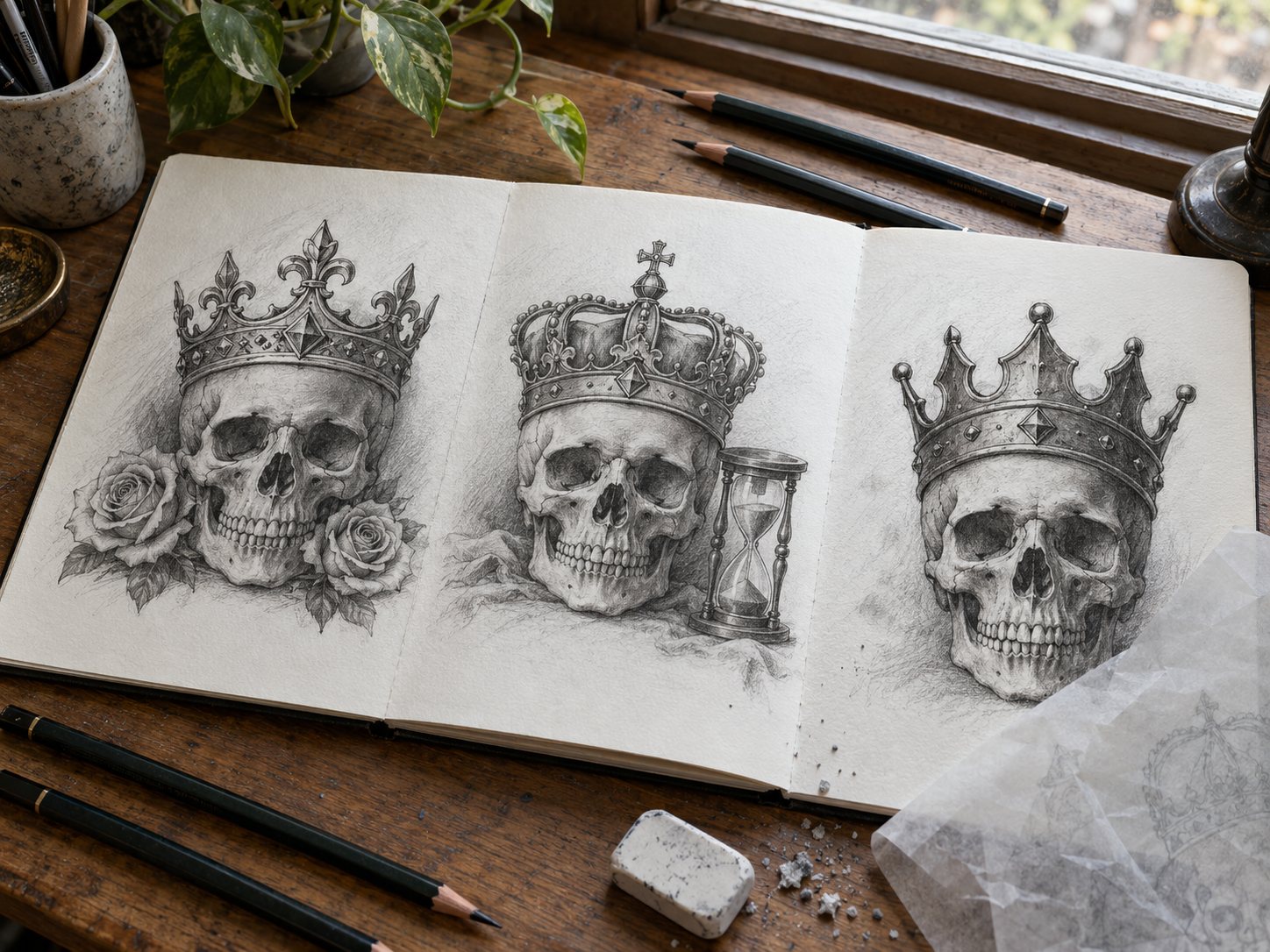 Illustration: Open sketchbook with three pencil sketches of crowned skulls, one with roses, one with an hourglass and one with a plain heavy crown, beside pencils, an eraser and tracing paper