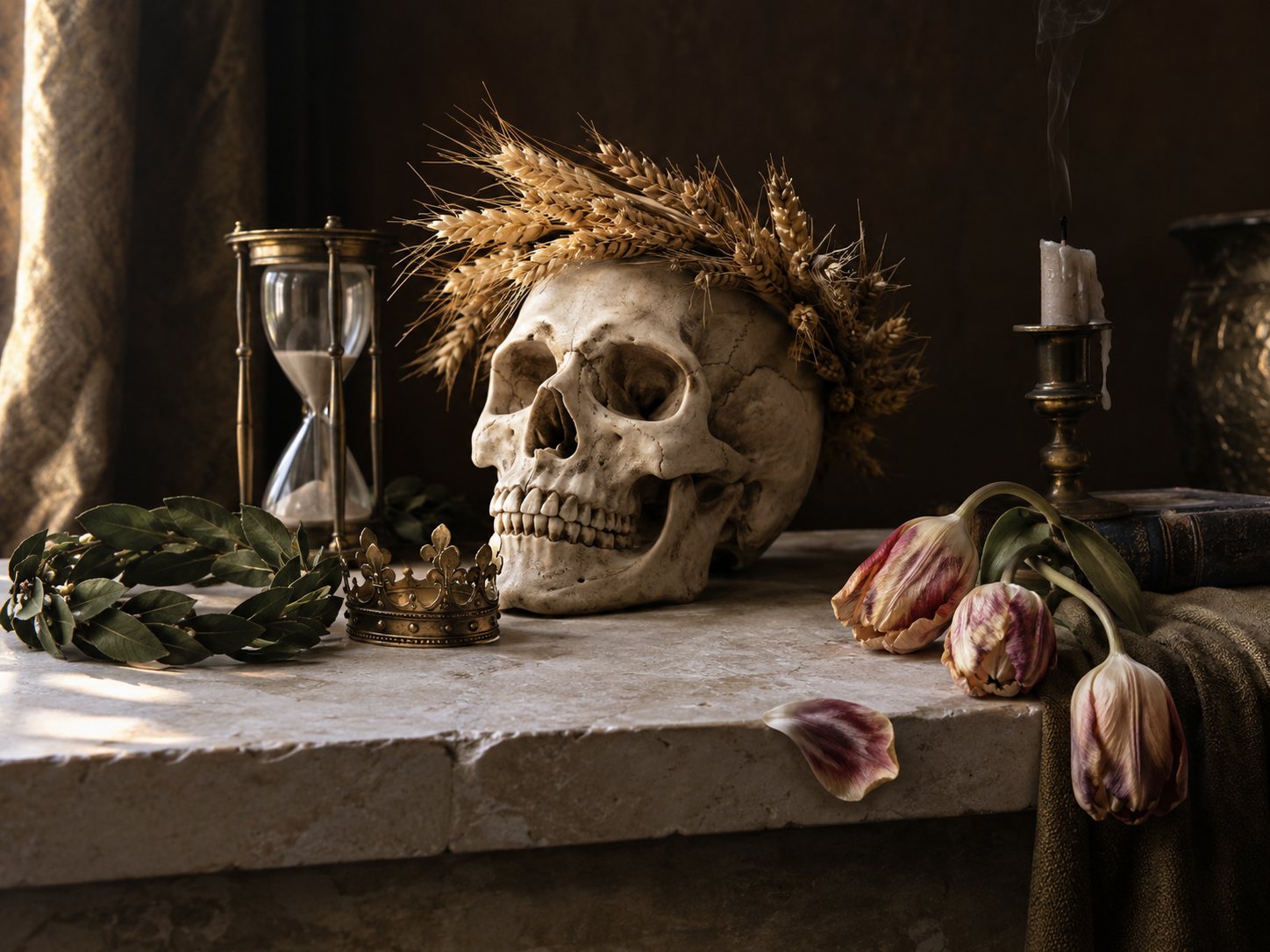 Illustration: Still life on a stone ledge with a skull replica crowned with dried wheat, a laurel wreath, a small brass crown, an hourglass, fading tulips and an extinguished candle