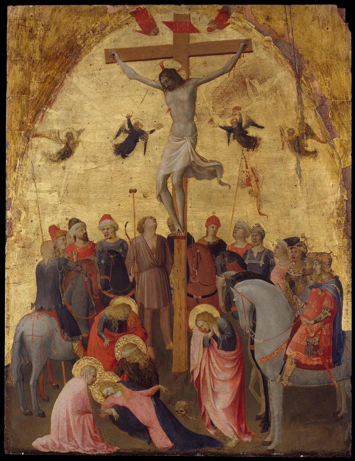 Fra Angelico's Crucifixion on a gold ground: Christ on the cross above mourners, soldiers and horsemen, with grieving figures kneeling below