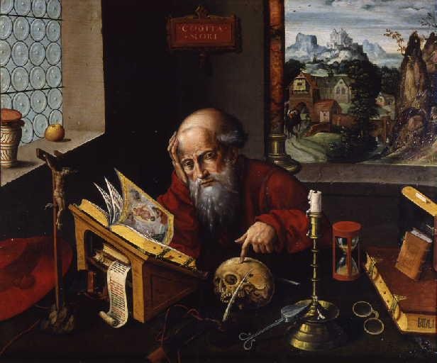 Saint Jerome in a red robe at his desk, one hand on his head and the other pointing at a skull beside a candlestick, hourglass and open book
