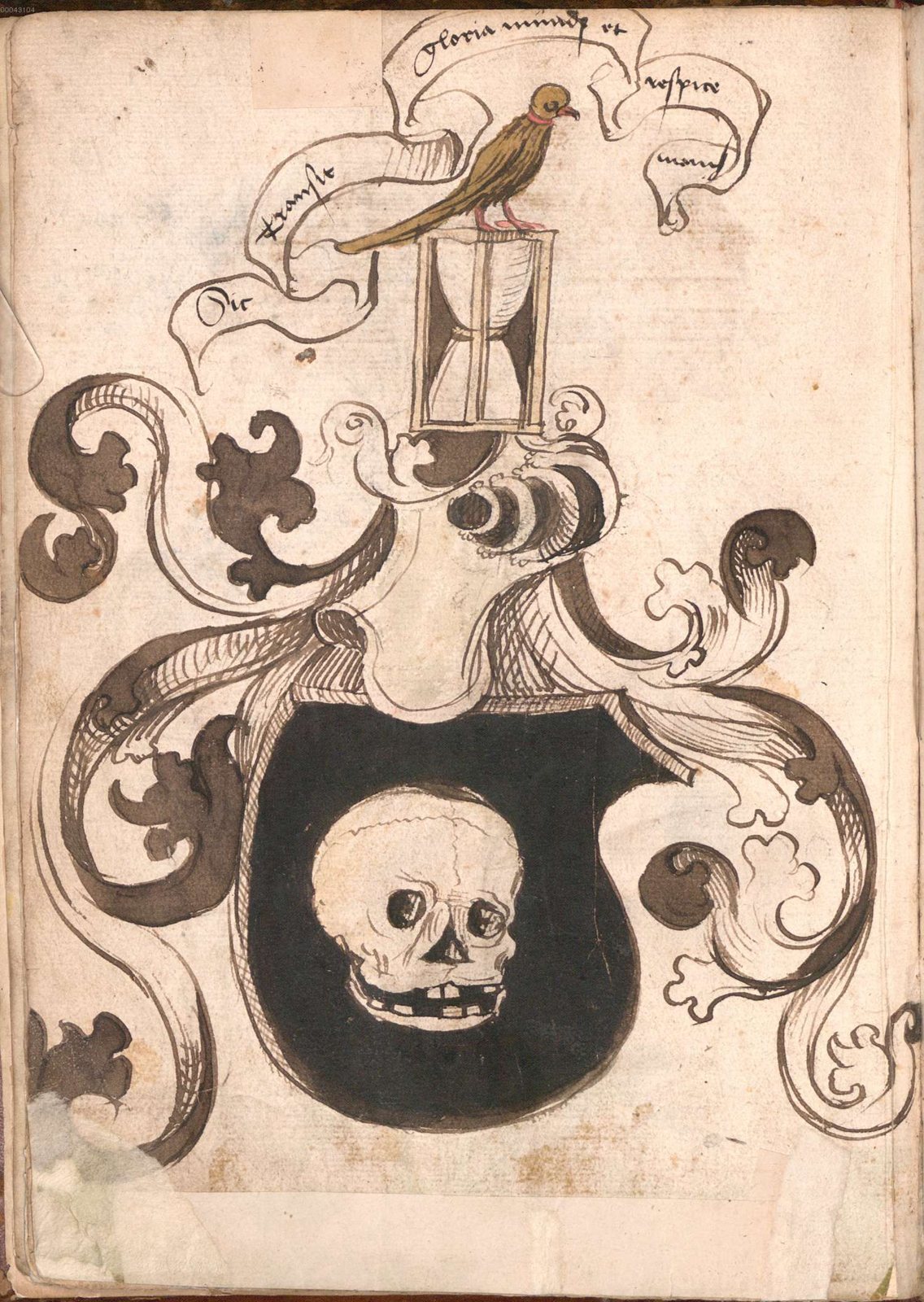 A painted armorial page: a black shield with a white skull, a helmet crest of an hourglass topped by a bird, and banners of lettering