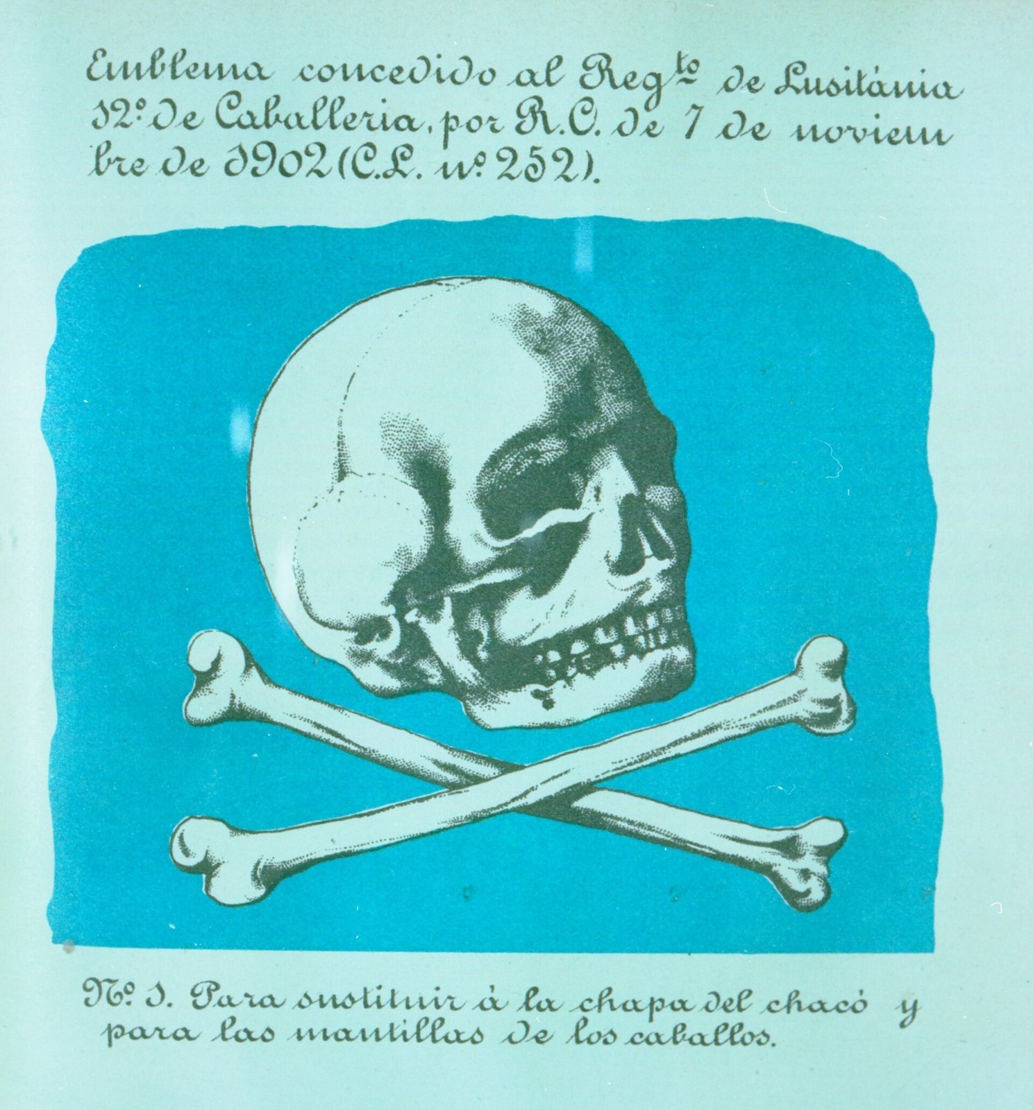 A painted emblem card with a skull above two crossed bones on a turquoise ground, with handwritten Spanish text above and below
