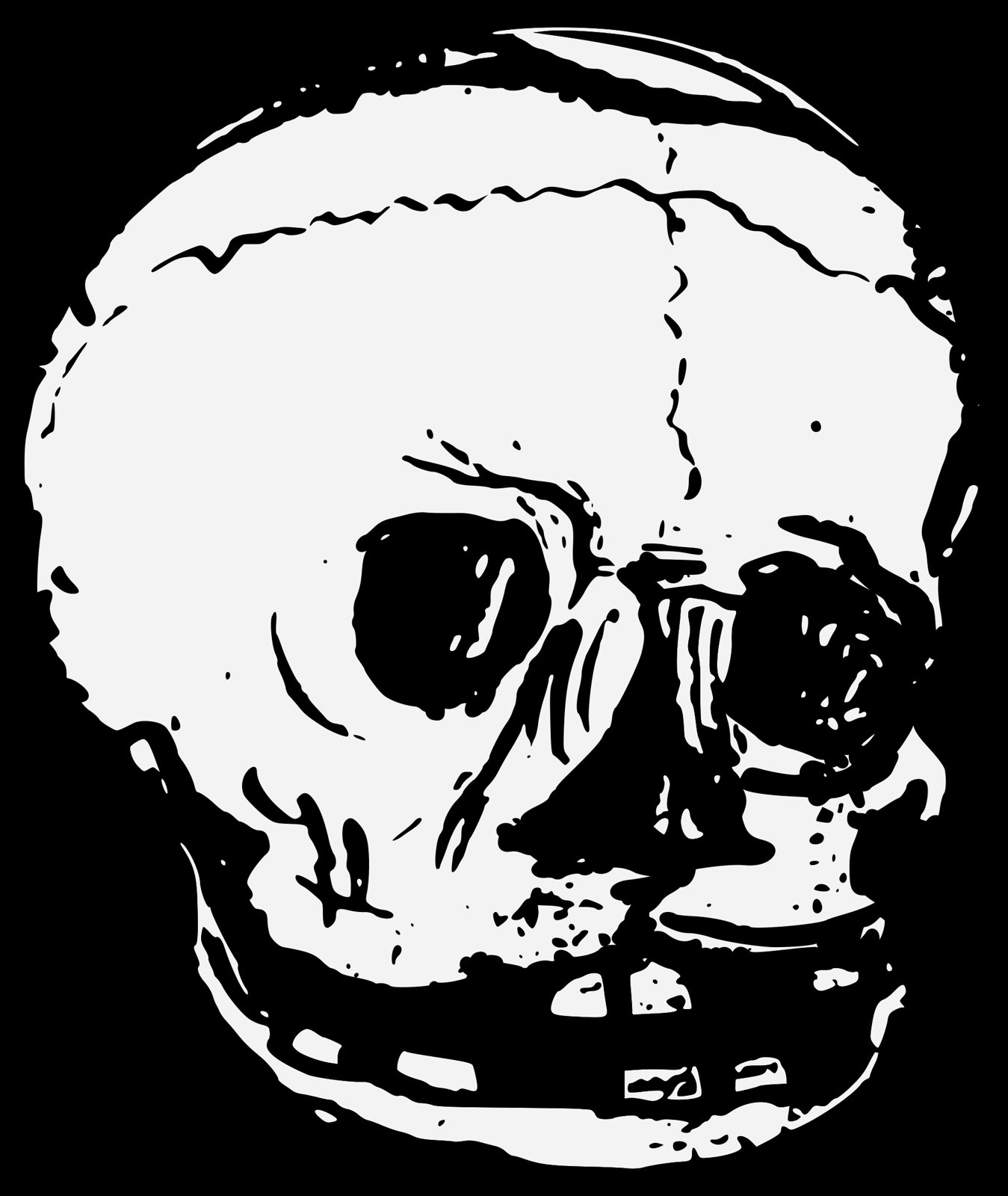 A heraldic skull drawn in white on black, facing the viewer with its lower jaw