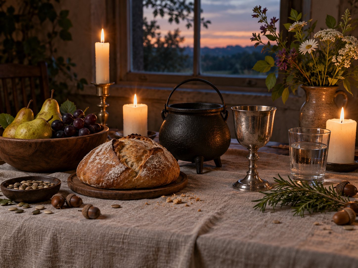 Illustration: Altar with no skull holding candles, a loaf of bread, a bowl of fruit, a glass of water, fresh flowers, seeds, acorns, a small iron cauldron, a silver chalice and herbs on linen