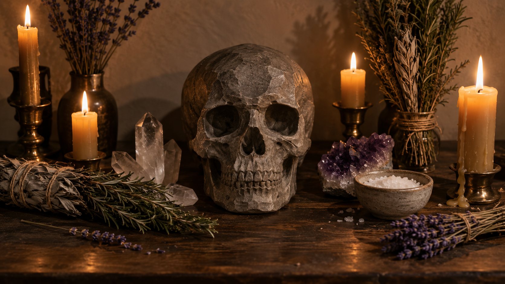 Illustration: Personal altar on a dark wooden table with a carved stone replica skull at its center among lit beeswax candles, dried herb bundles, quartz and amethyst crystals and a bowl of salt