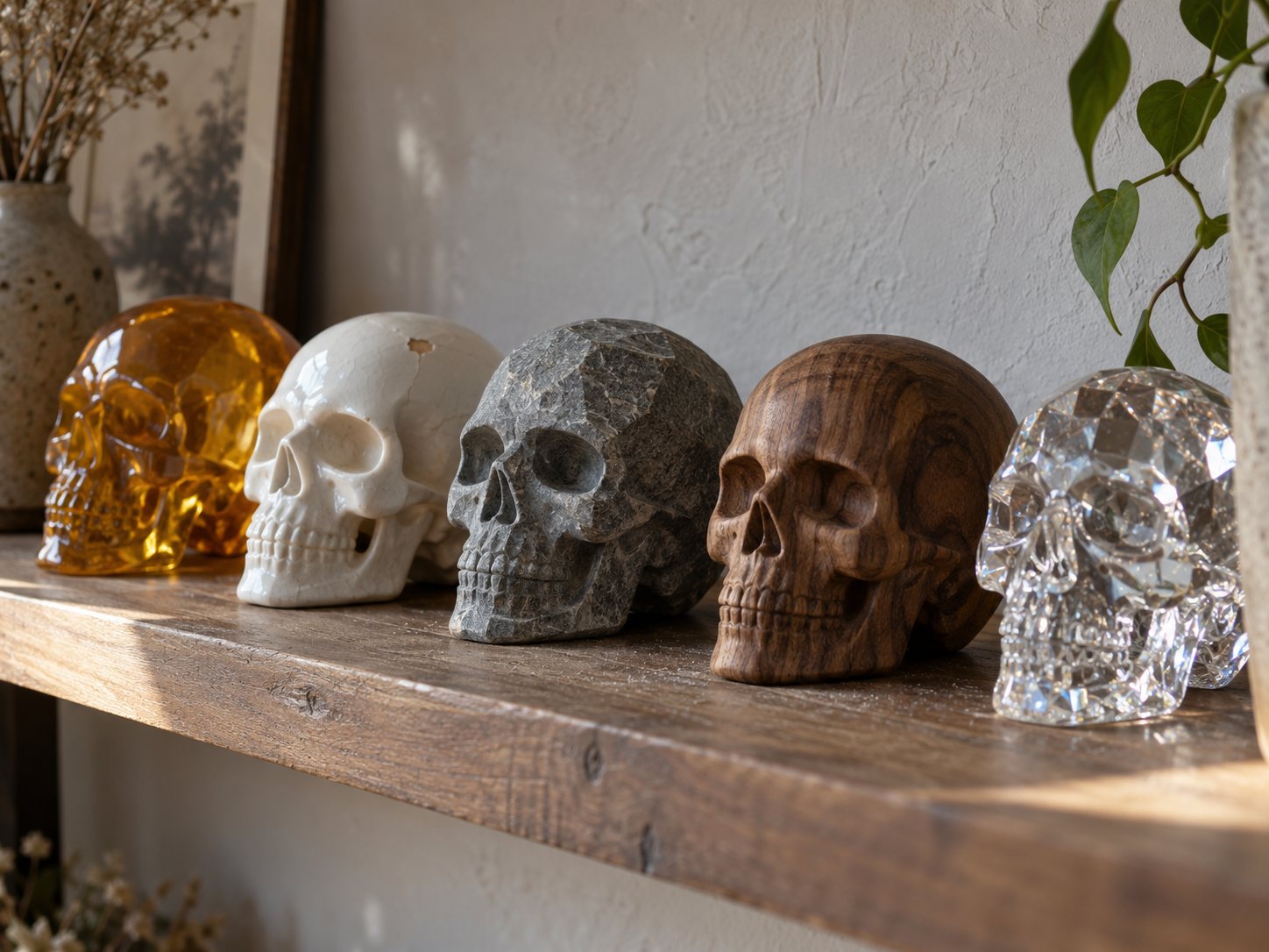 Illustration: Row of small replica skulls on a wooden shelf in polished resin, glazed white ceramic, carved gray stone, carved wood and clear crystal