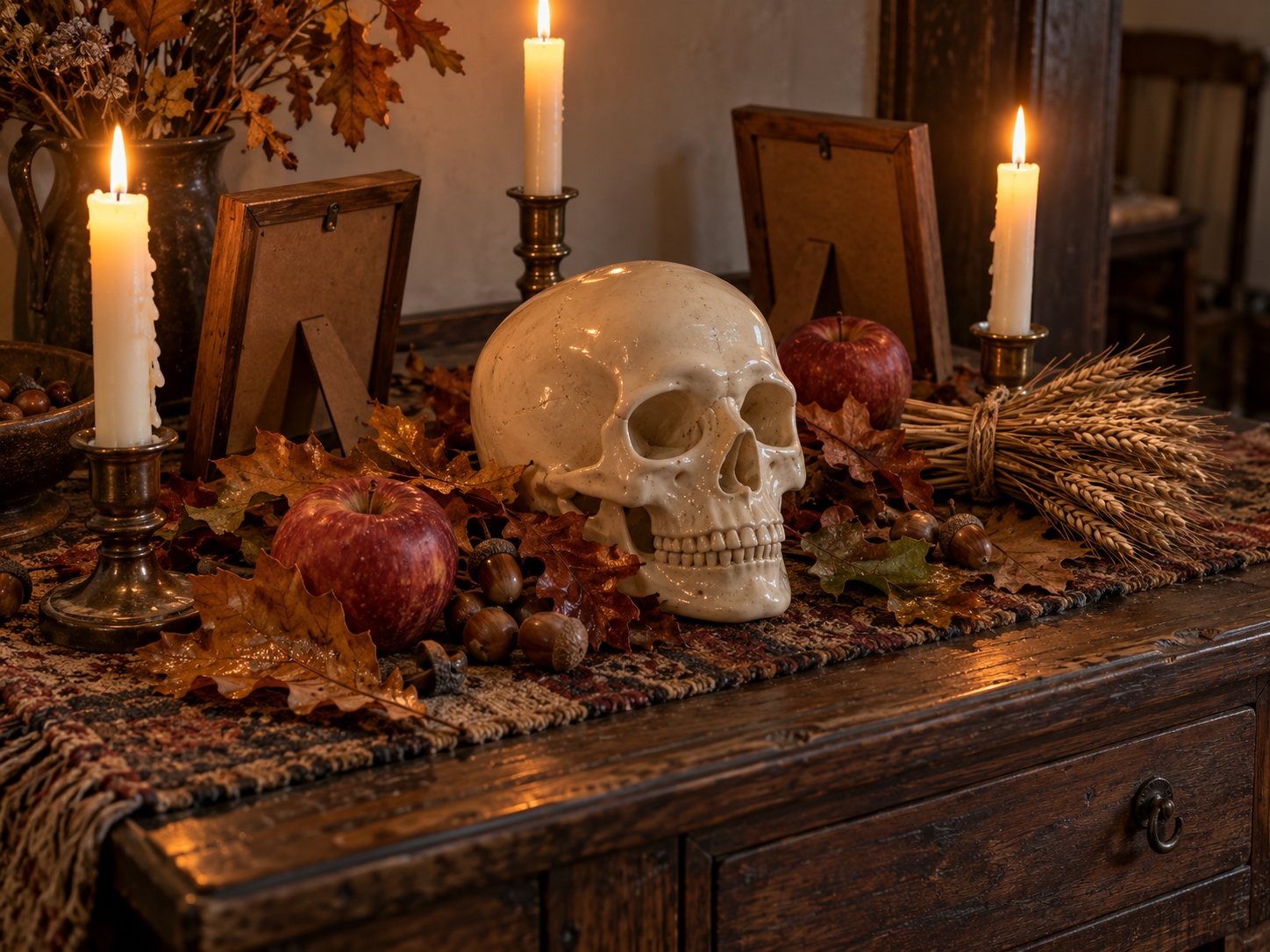Illustration: Autumn altar with a matte ceramic replica skull among fallen oak leaves, acorns, apples, a sheaf of wheat and tall candles, with framed photographs turned away at the back