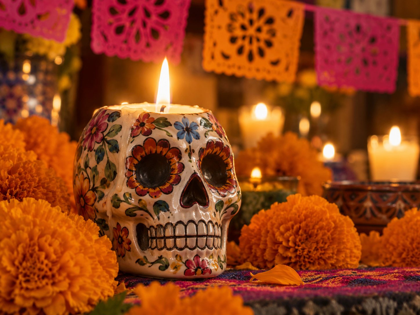 Illustration: Painted Mexican ceramic skull candle holder with a lit candle on a Día de Muertos ofrenda among orange marigolds and papel picado cut with flower patterns