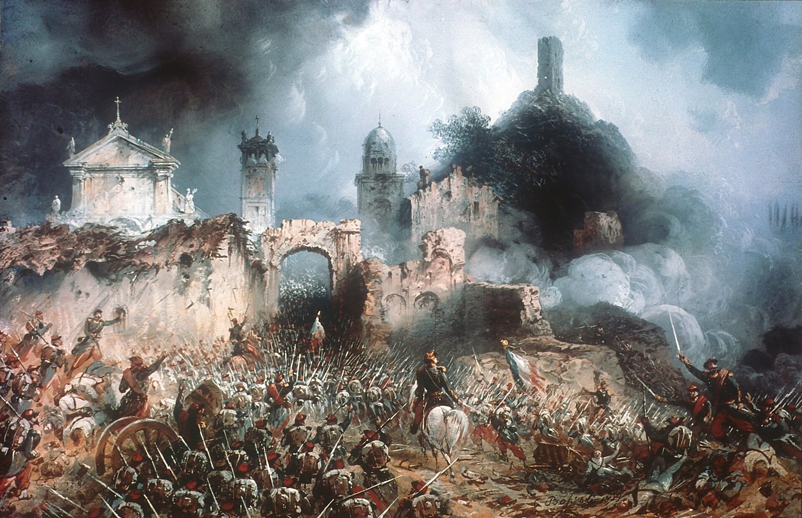 A painting of the battle at Solferino: soldiers charging through gunsmoke toward a ruined wall and gateway, with a white church and bell towers behind and a tower on a wooded hill beyond