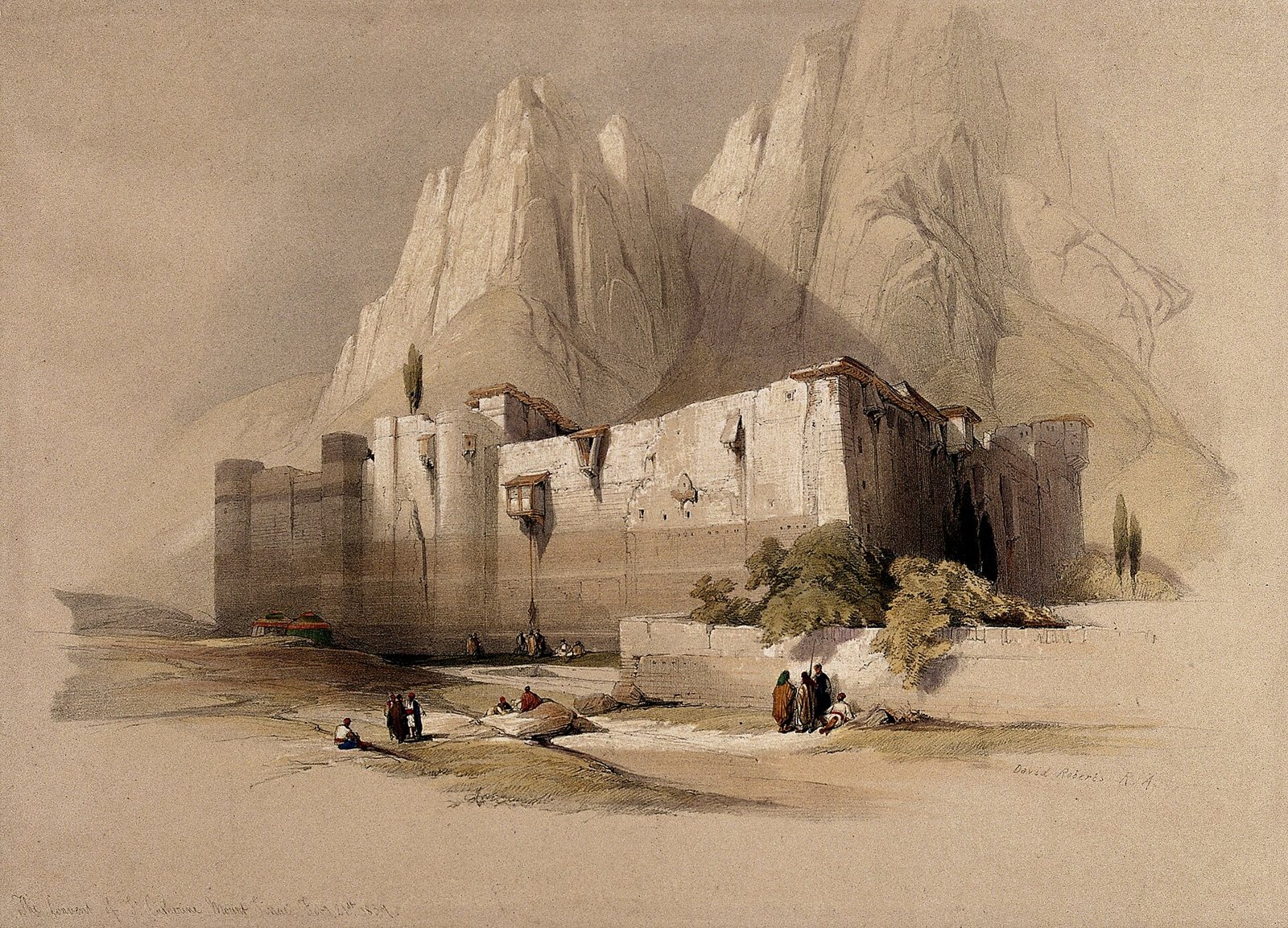 A coloured lithograph of Saint Catherine's Monastery: tall pale walls and towers at the base of steep granite peaks, with small groups of figures resting on the plain in front